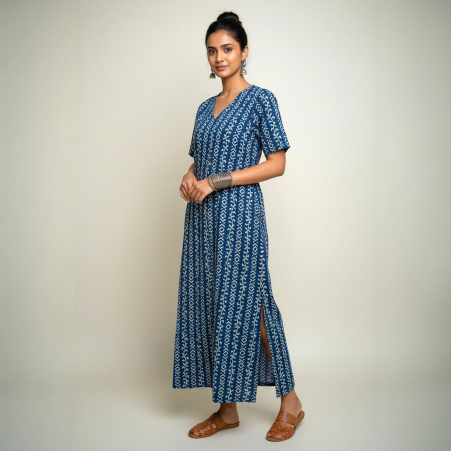 Indigo Stripe Handblock Cotton Long Dress