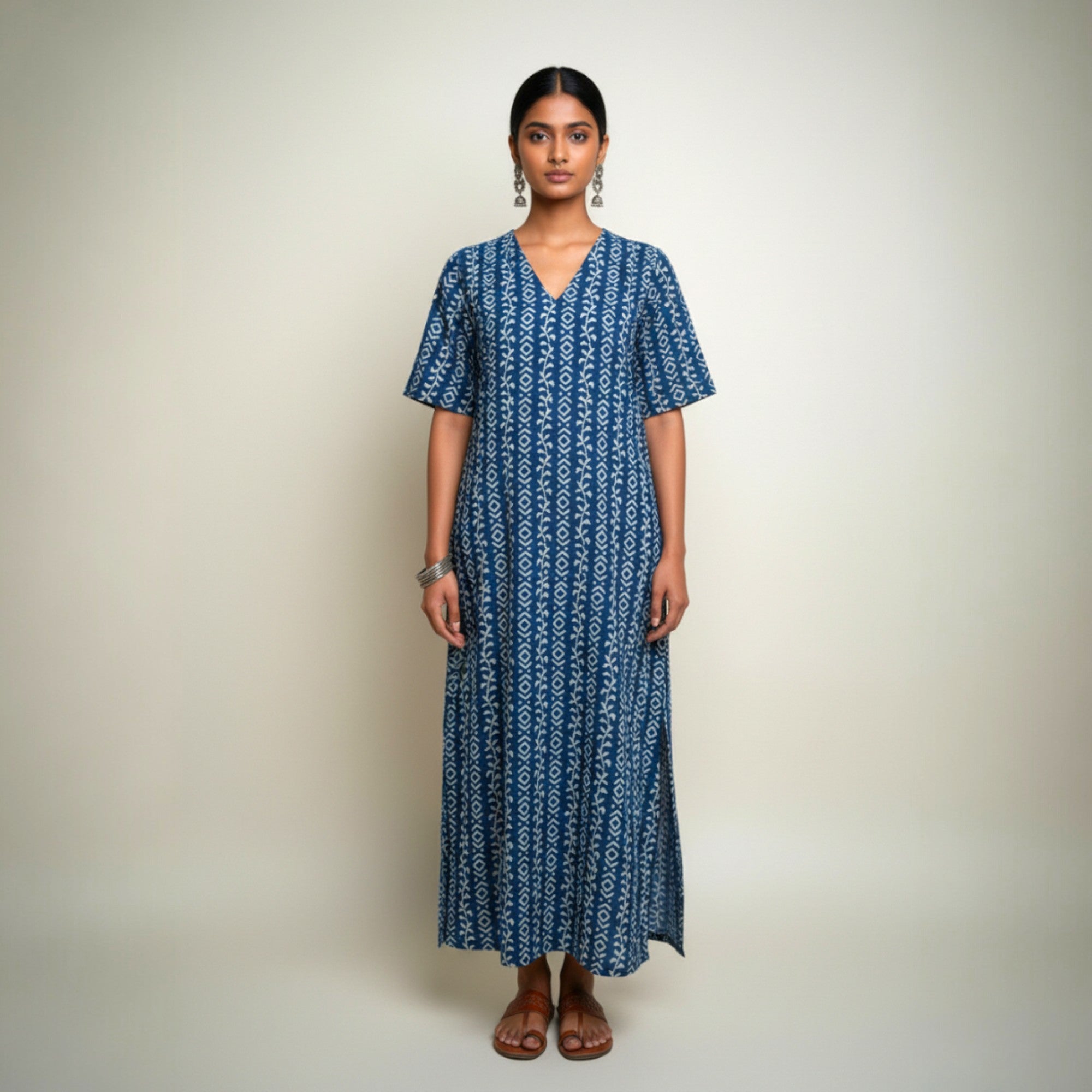 Indigo Stripe Handblock Cotton Long Dress