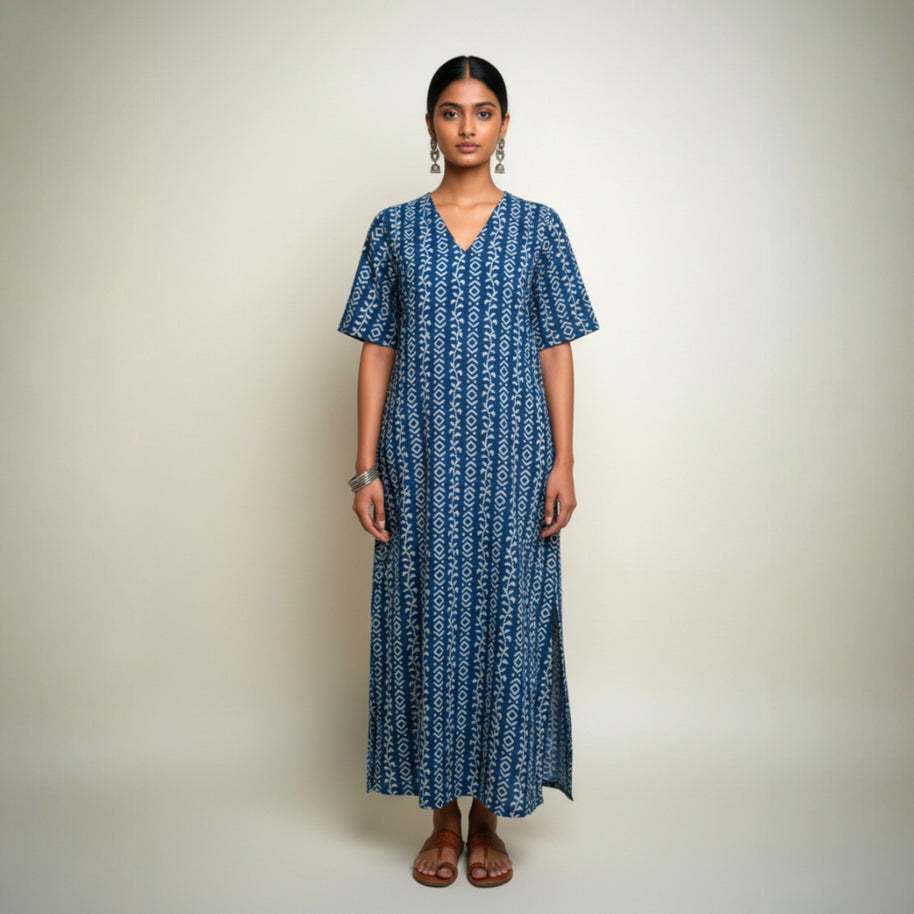 Indigo Stripe Handblock Cotton Long Dress