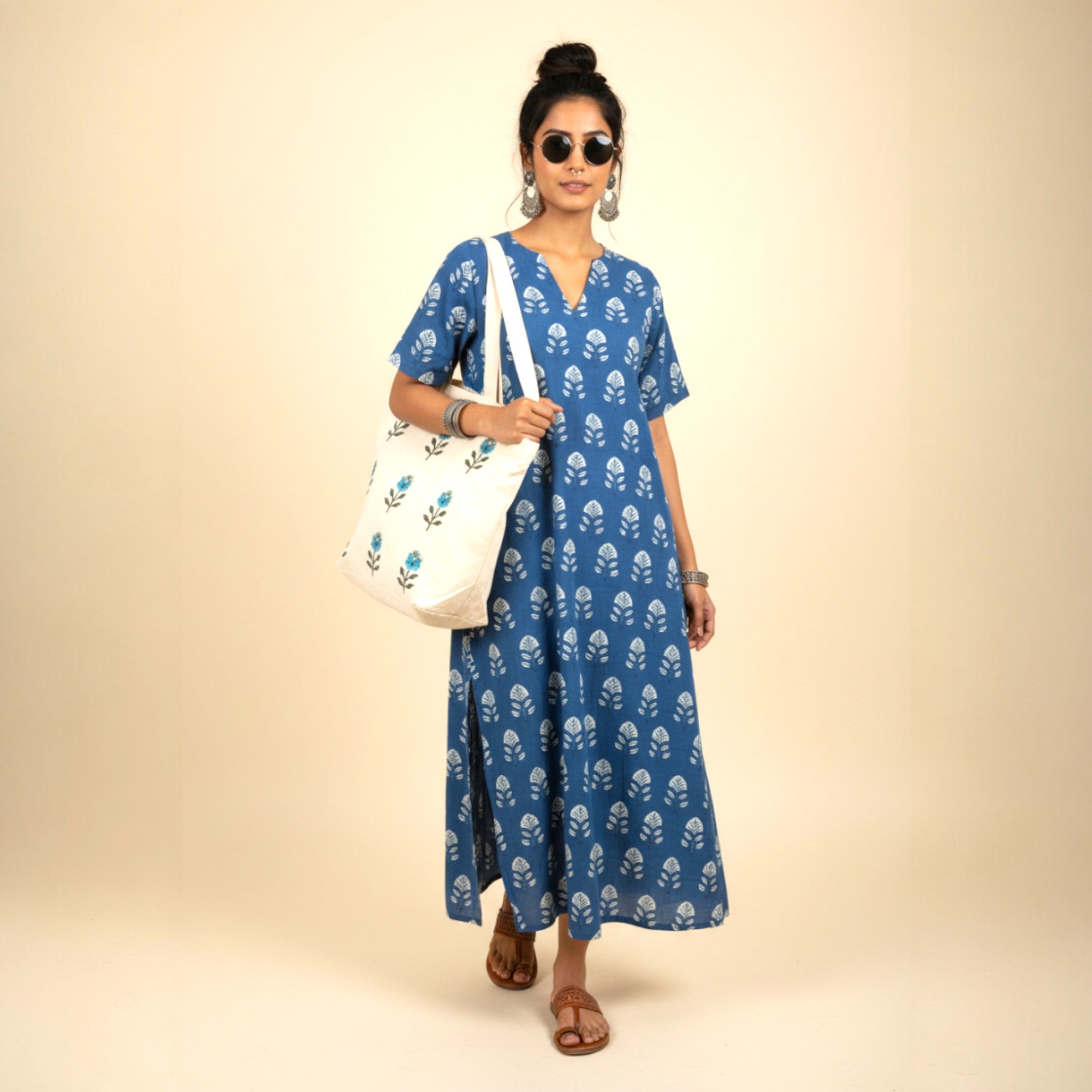 Blue White Floral Handblock Cotton Long Dress