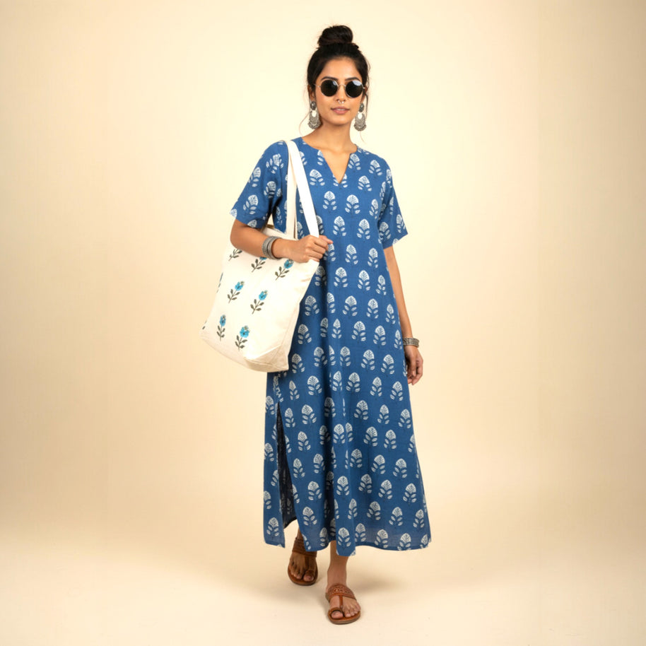 Blue White Floral Handblock Cotton Long Dress