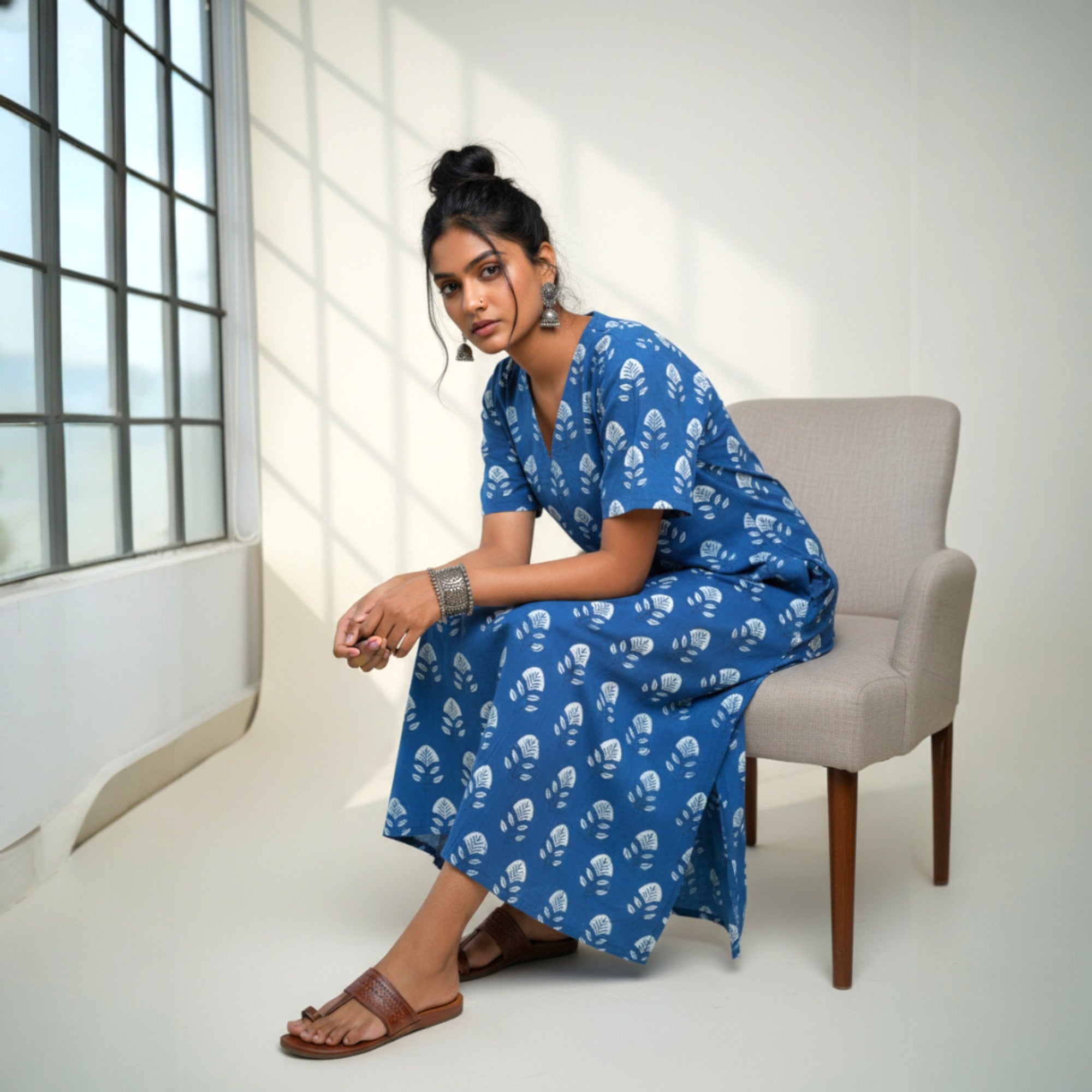 Blue White Floral Handblock Cotton Long Dress