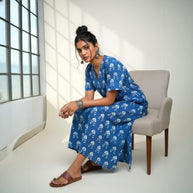 Blue White Floral Handblock Cotton Long Dress