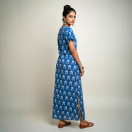Blue White Floral Handblock Cotton Long Dress