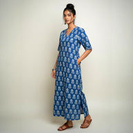 Blue White Floral Handblock Cotton Long Dress