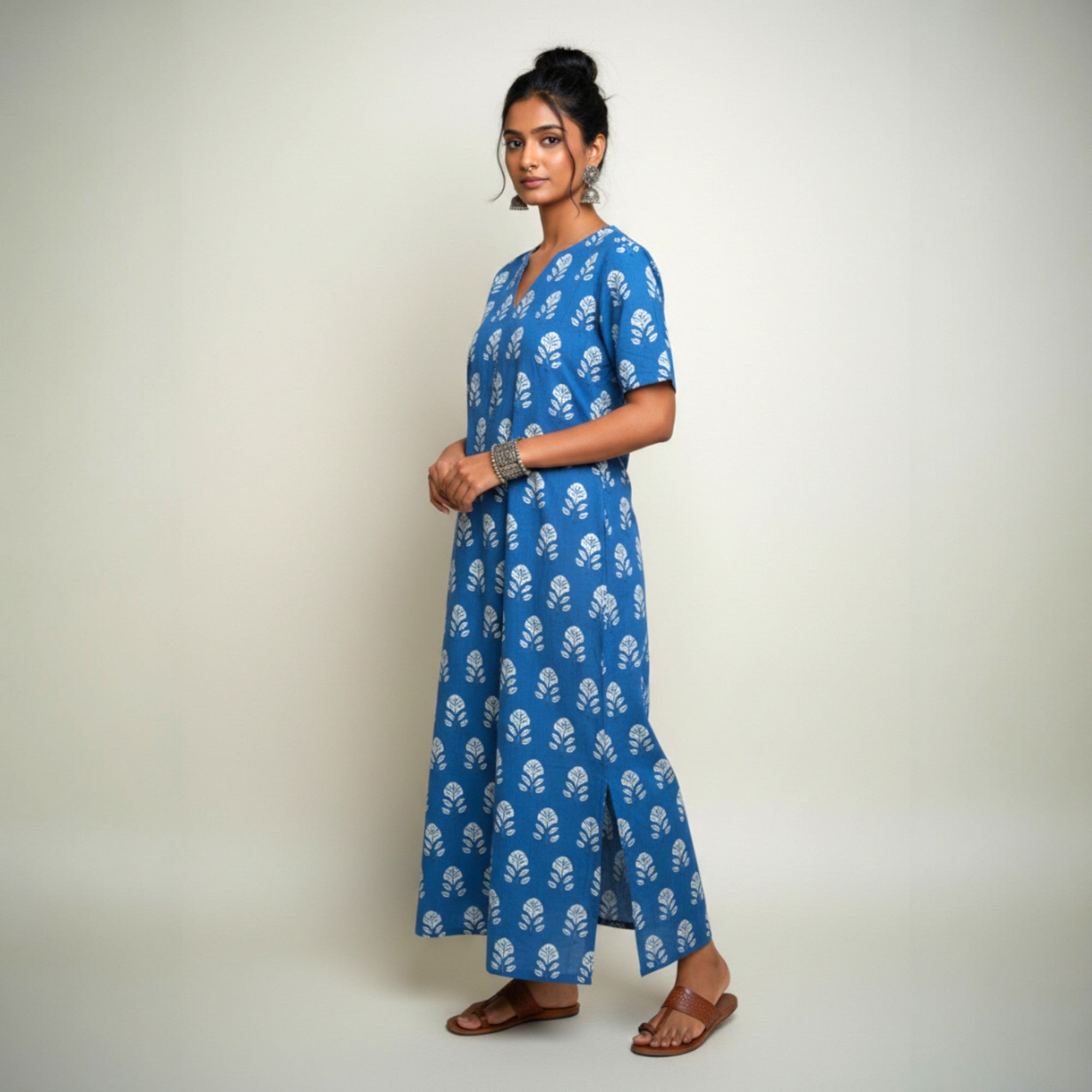 Blue White Floral Handblock Cotton Long Dress