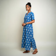 Blue White Floral Handblock Cotton Long Dress