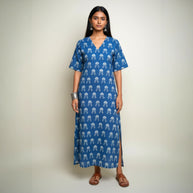 Blue White Floral Handblock Cotton Long Dress