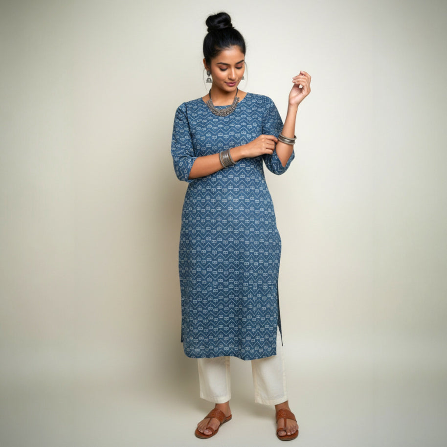 Indigo Handblock Print Cotton Kurta