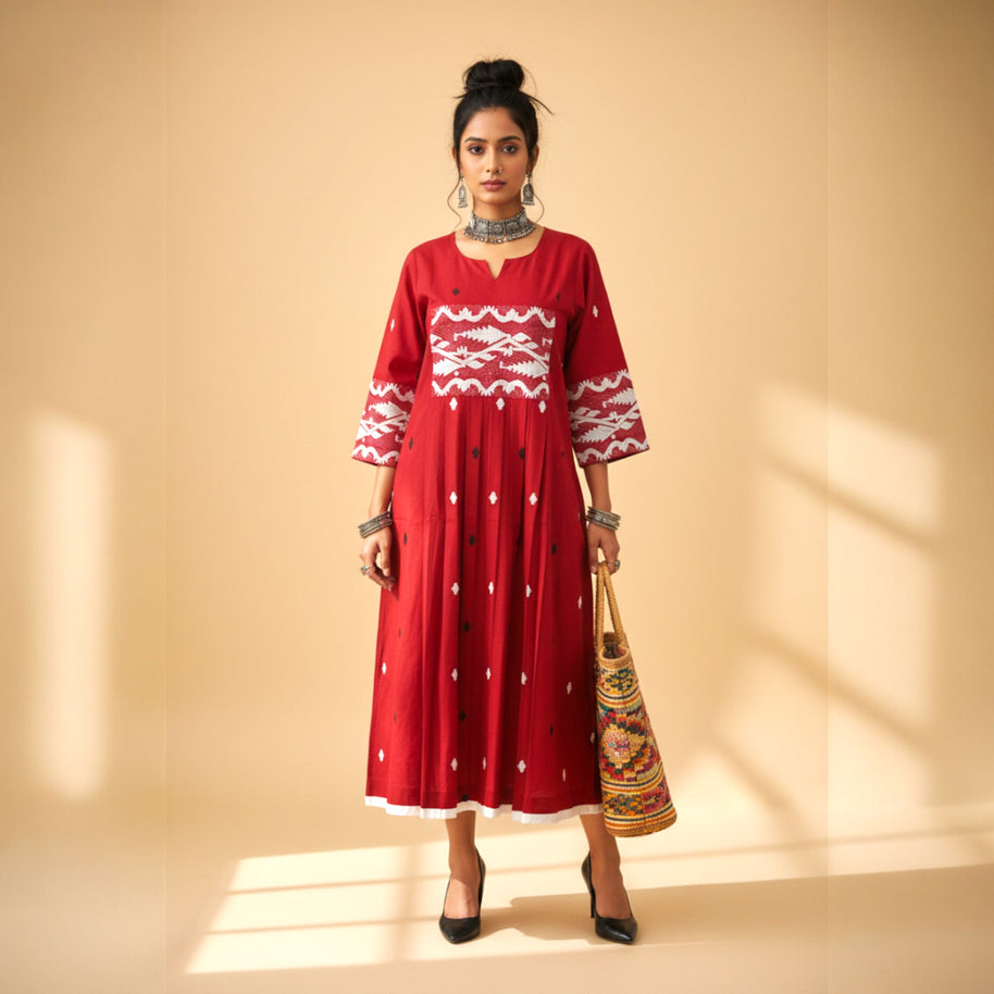 Red Jamdani Cotton Dress