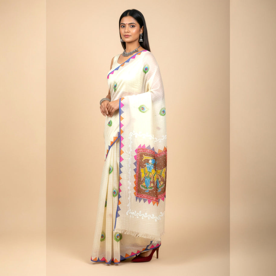Cream Handpainted Cotton Saree