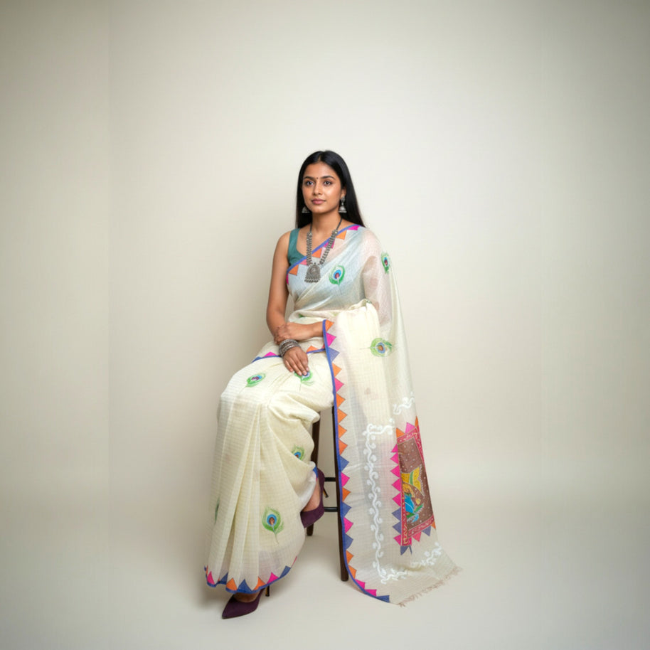 Cream Handpainted Cotton Saree