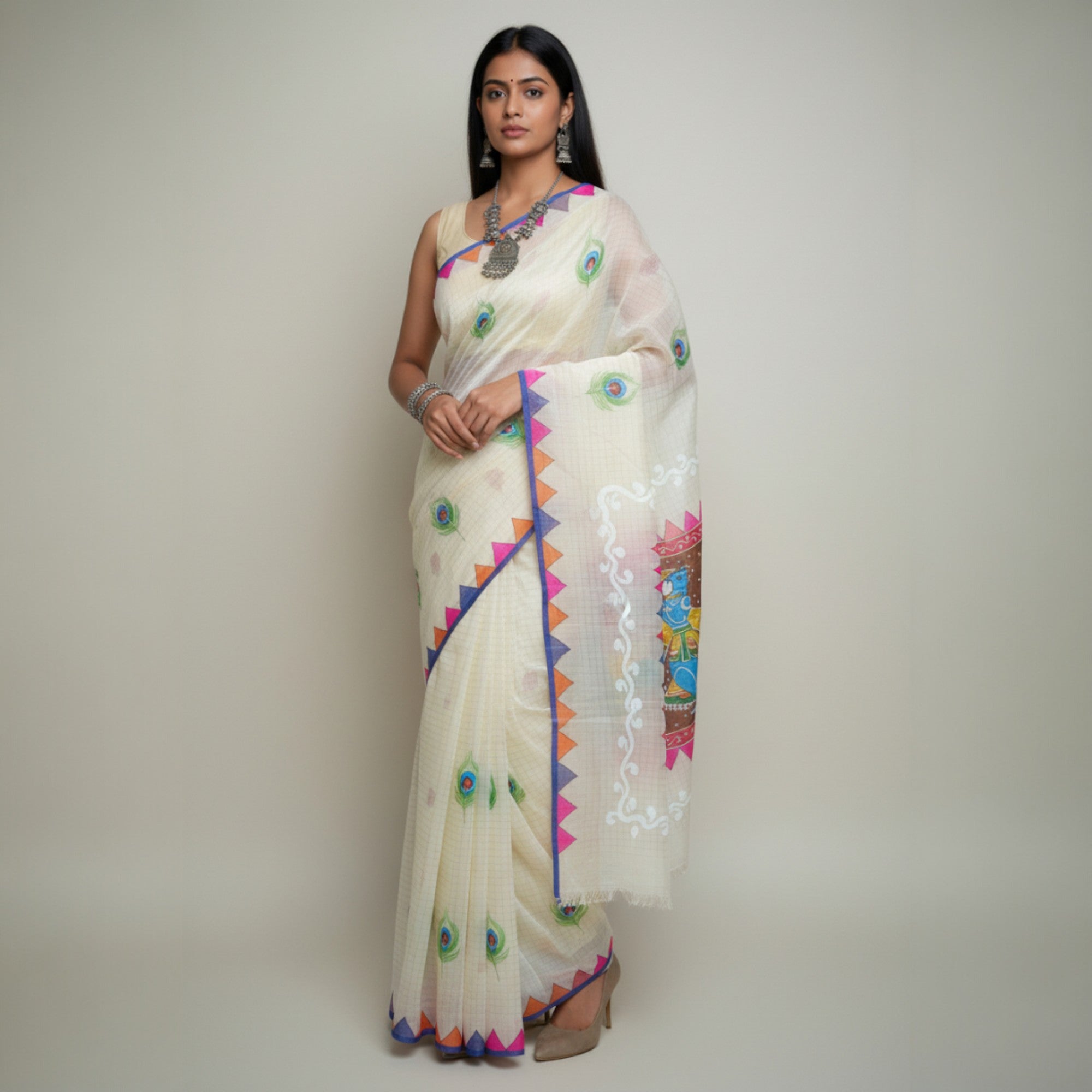 Cream Handpainted Cotton Saree