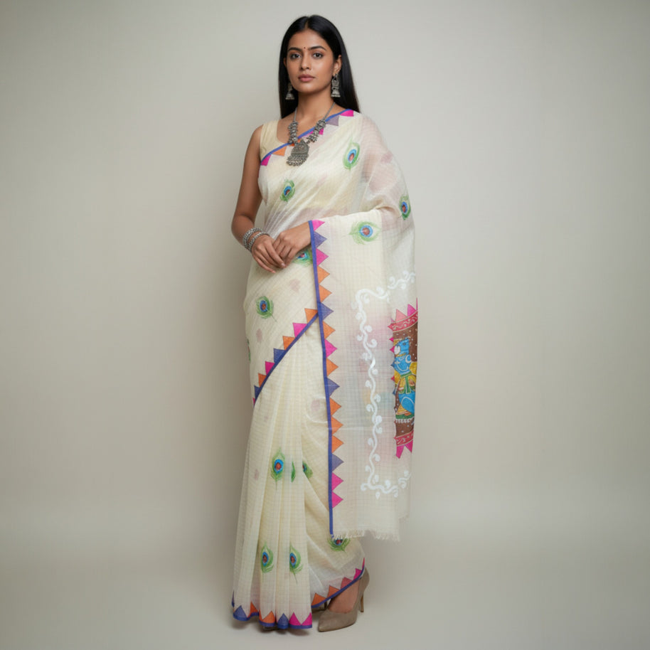 Cream Handpainted Cotton Saree