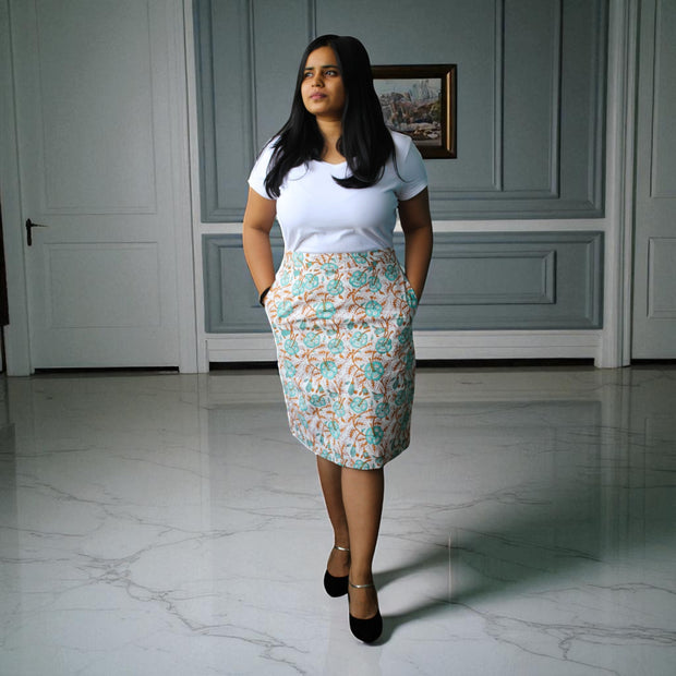 Hand Block Print Light Green Floral Pencil Skirt