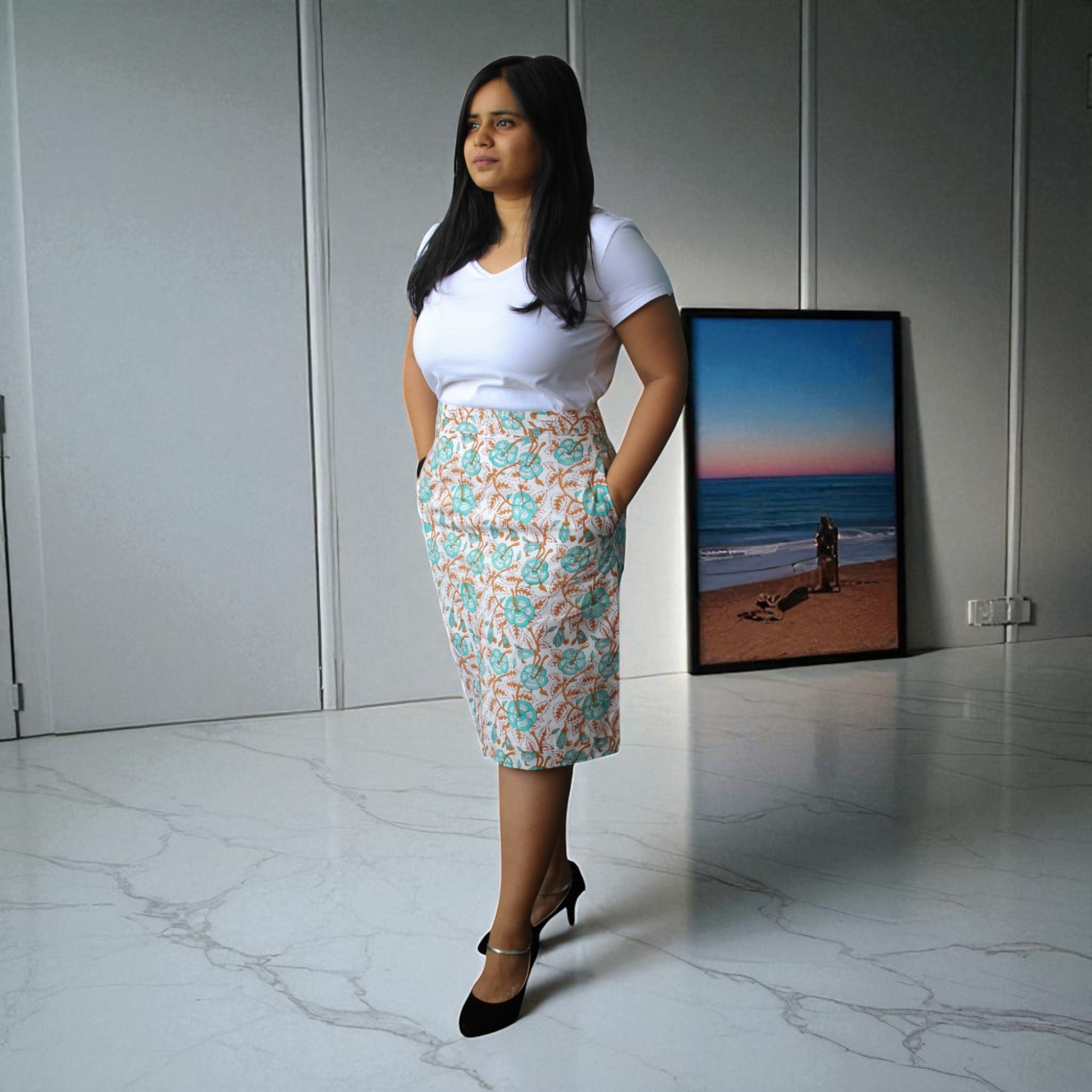Hand Block Print Light Green Floral Pencil Skirt