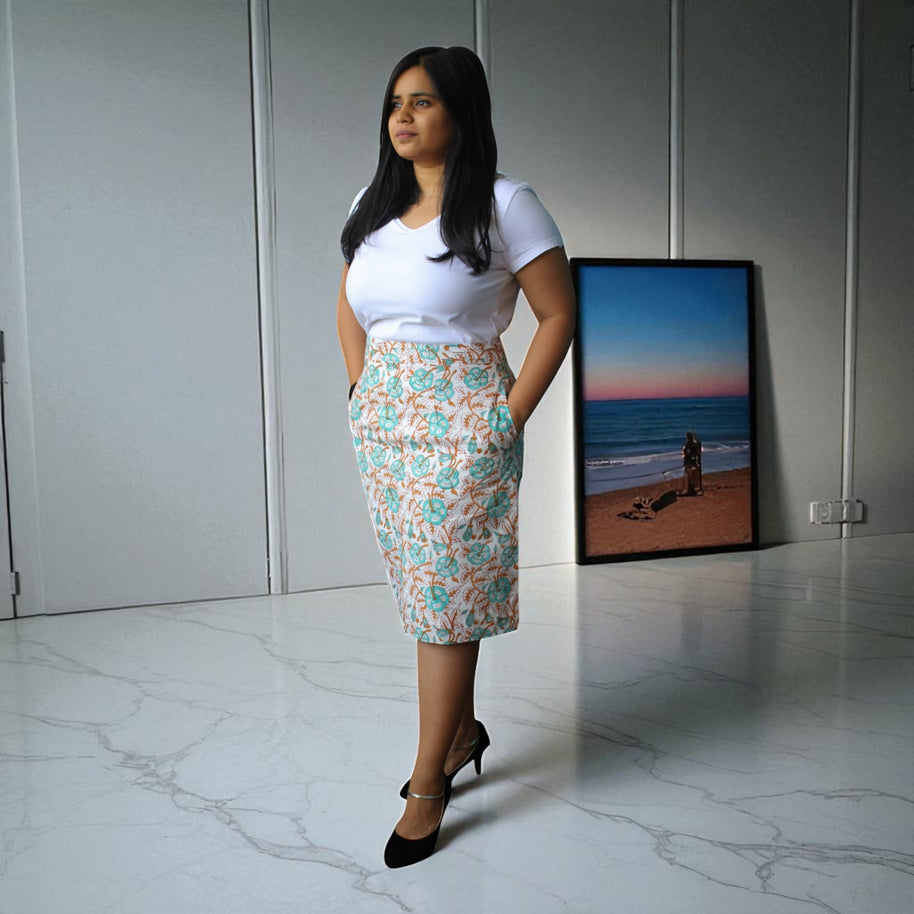 Hand Block Print Light Green Floral Pencil Skirt