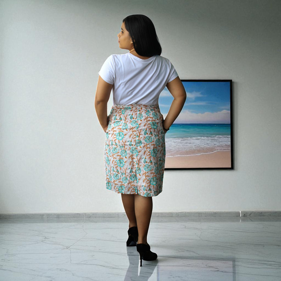 Hand Block Print Light Green Floral Pencil Skirt