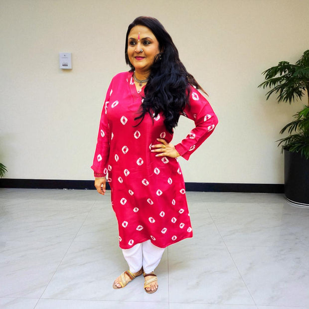 Magenta Pink Bandhej Womens Silk  Kurta