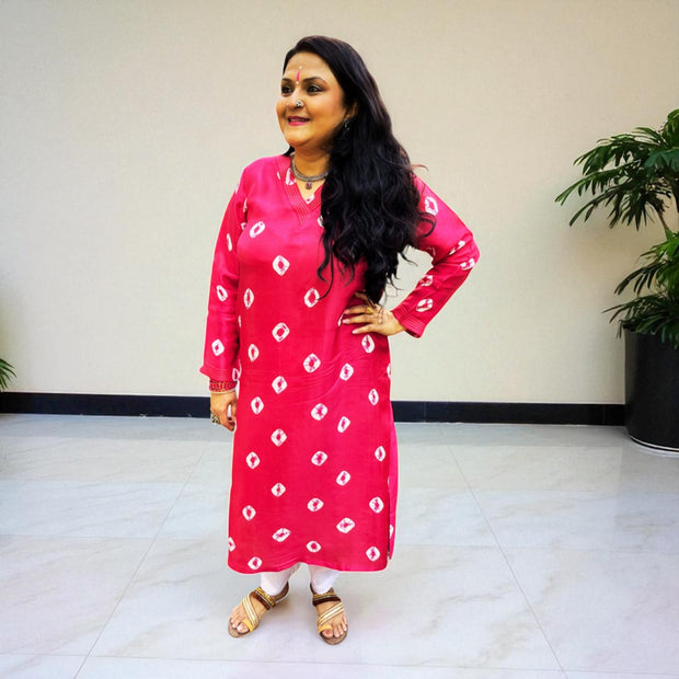 Magenta Pink Bandhej Womens Silk  Kurta