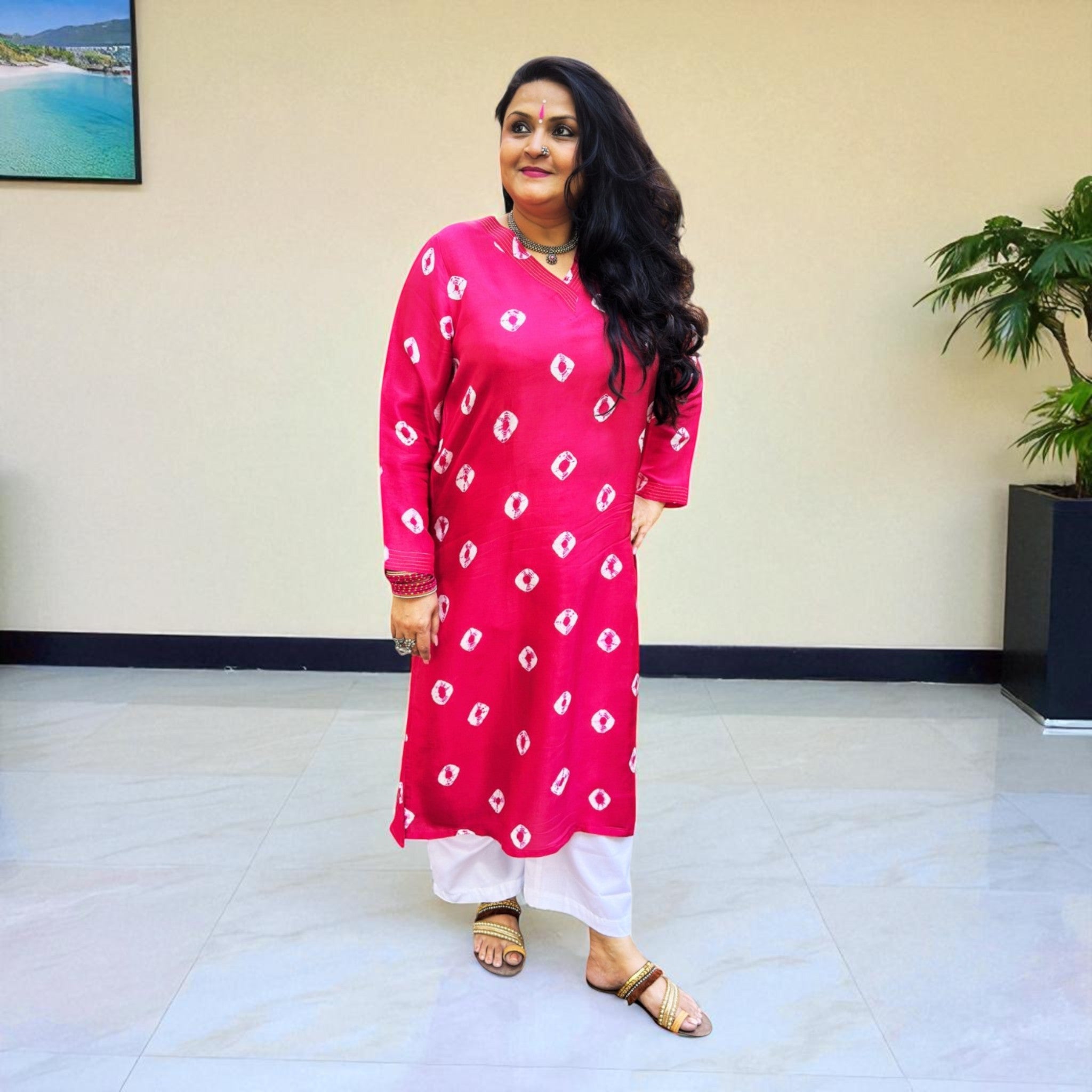 Magenta Pink Bandhej Womens Silk  Kurta