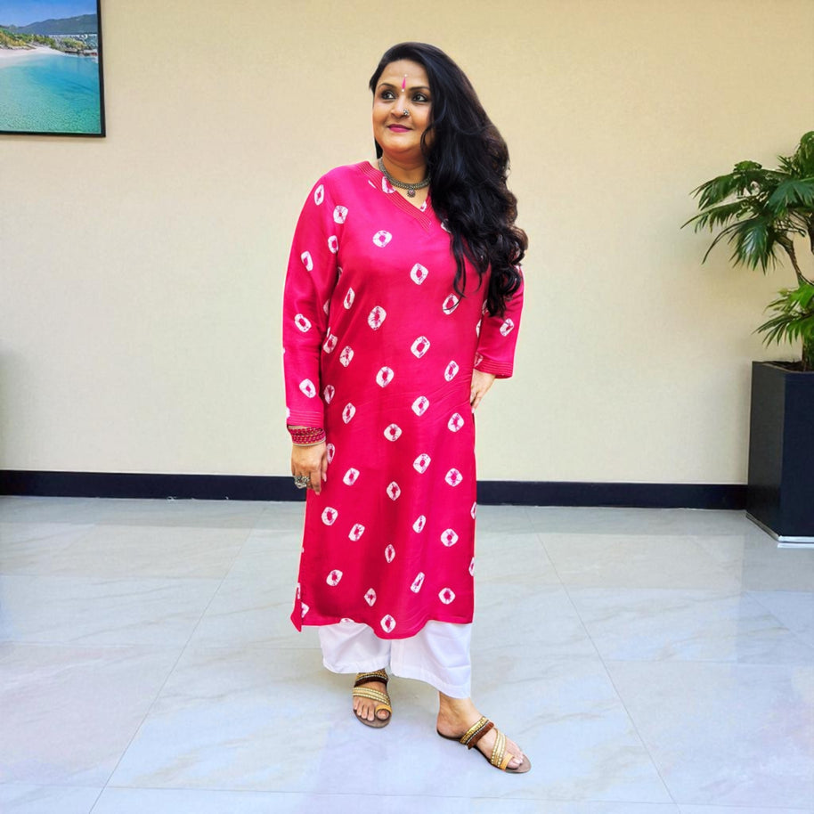 Magenta Pink Bandhej Womens Silk  Kurta