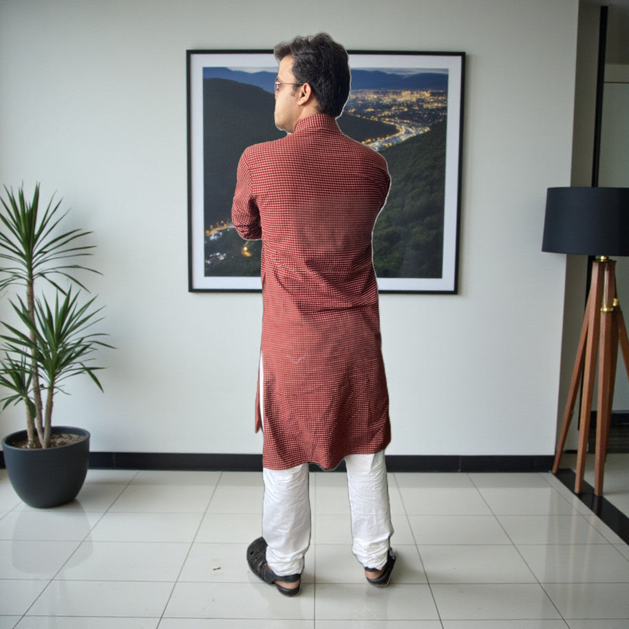 Maroon BlockCheck Cotton Kurta