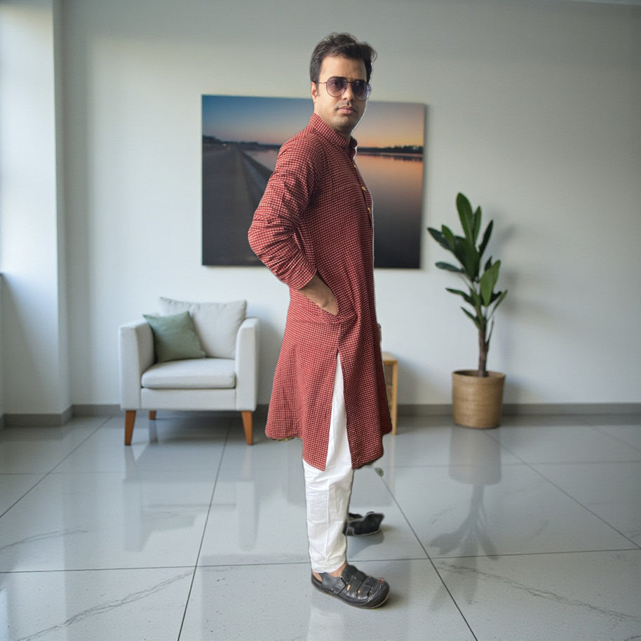 Maroon BlockCheck Cotton Kurta