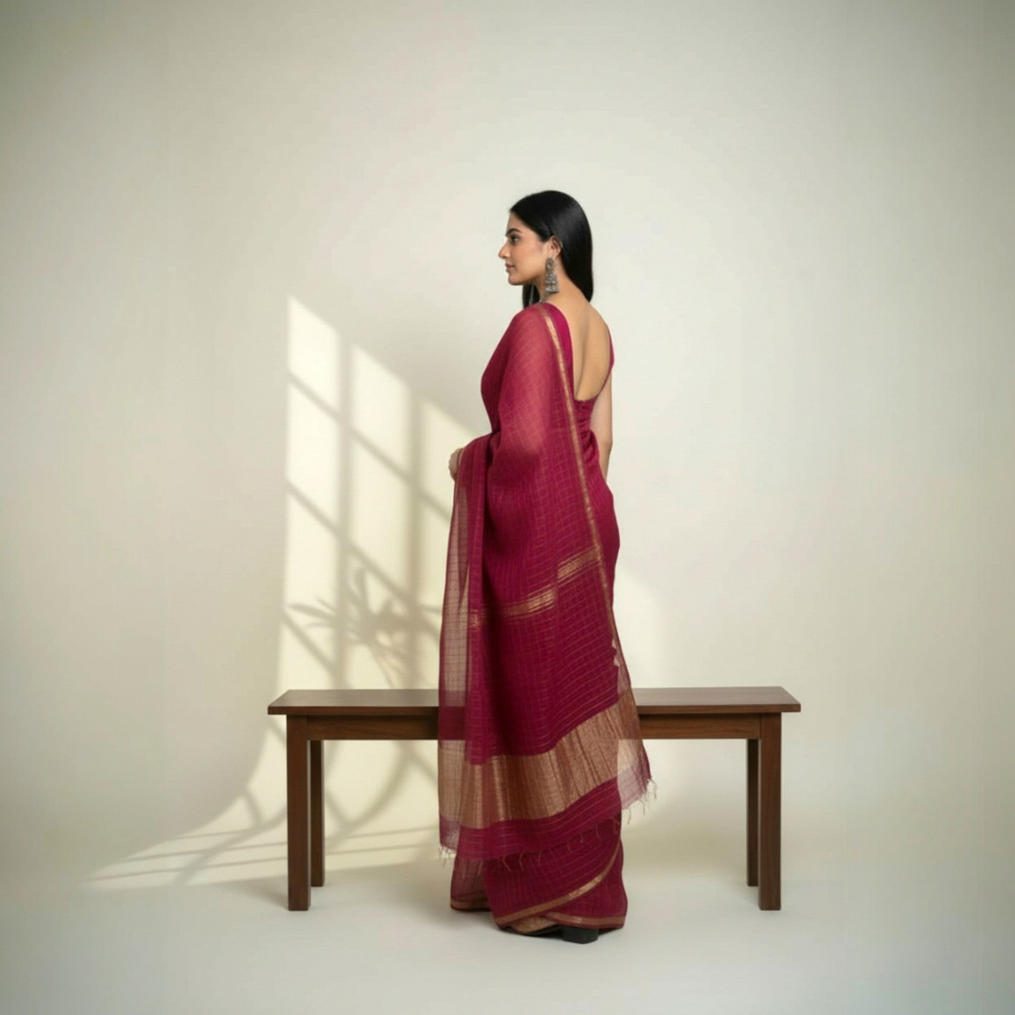 Purple Check Georgette Saree