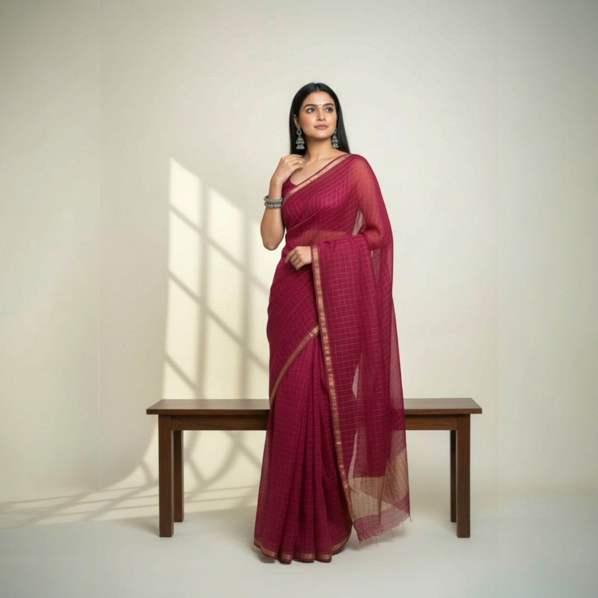 Purple Check Georgette Saree