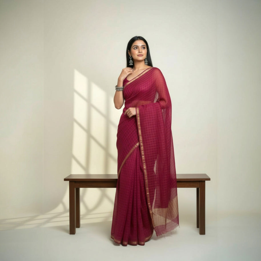Purple Check Georgette Saree