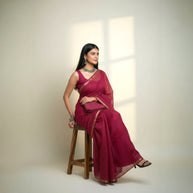 Purple Check Georgette Saree