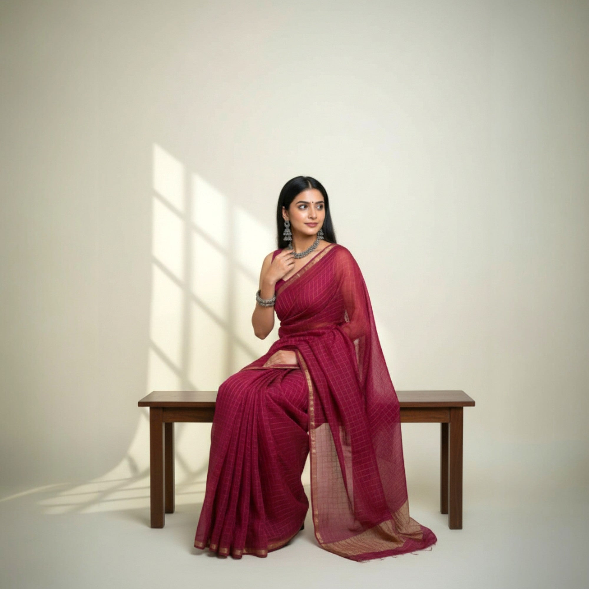 Purple Check Georgette Saree