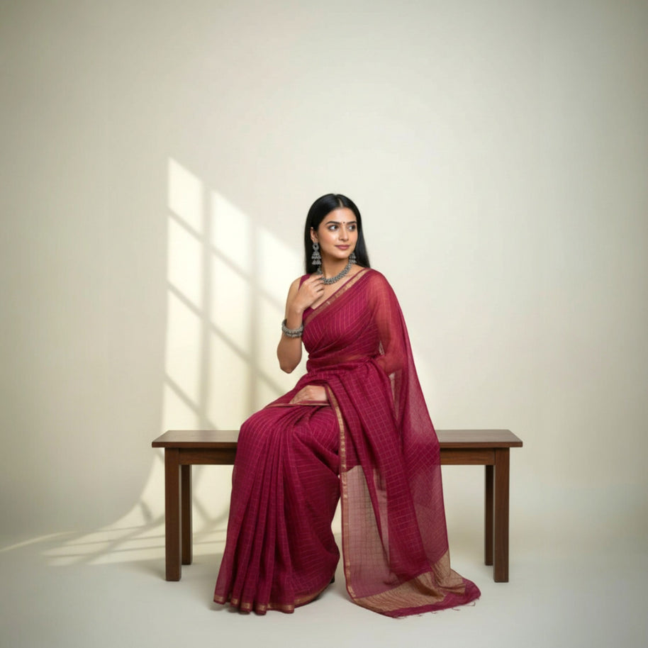 Purple Check Georgette Saree