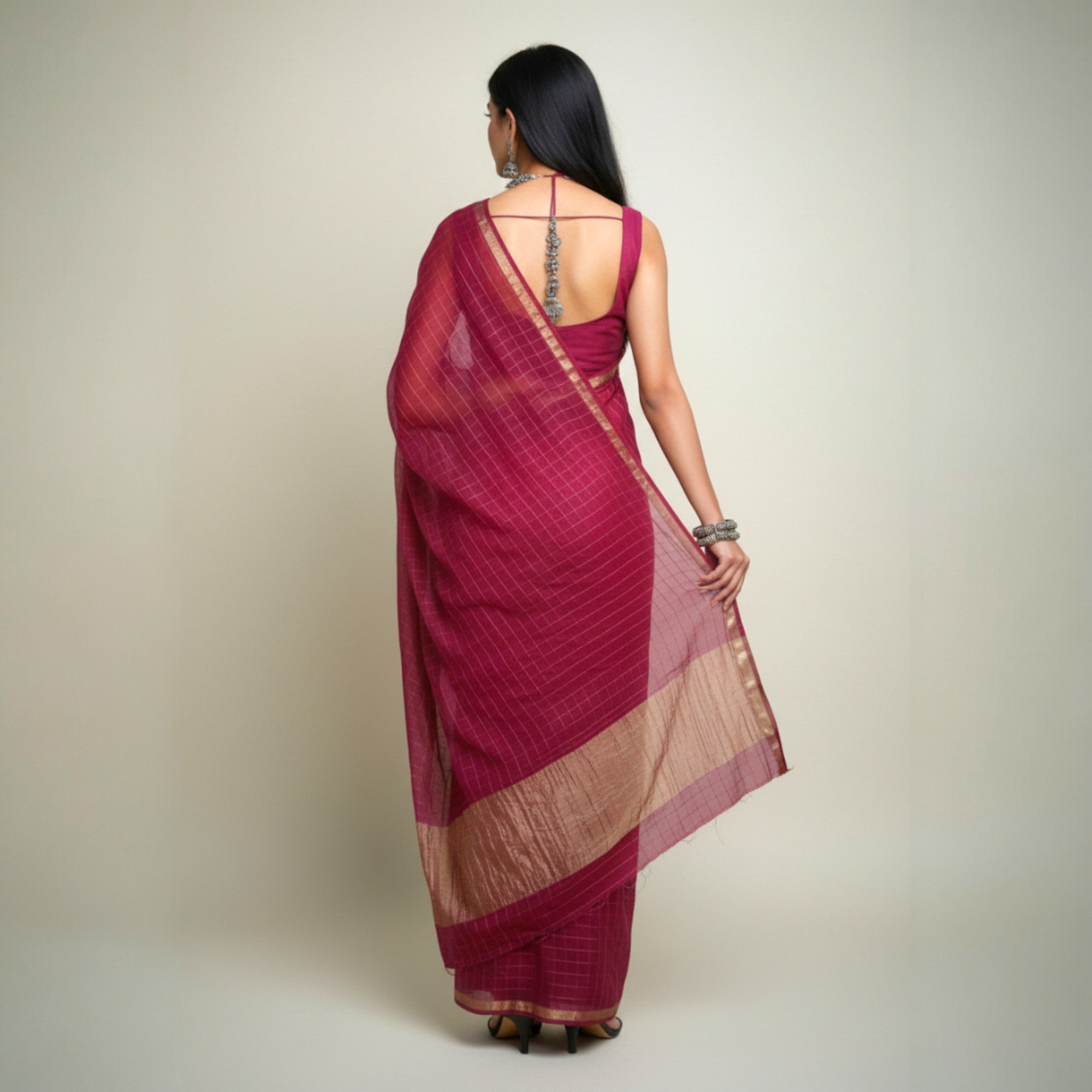 Purple Check Georgette Saree