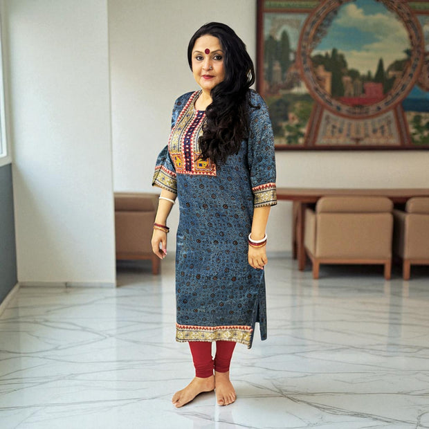 Azure Ajrakh Womens Mashru Cotton Silk Kurta
