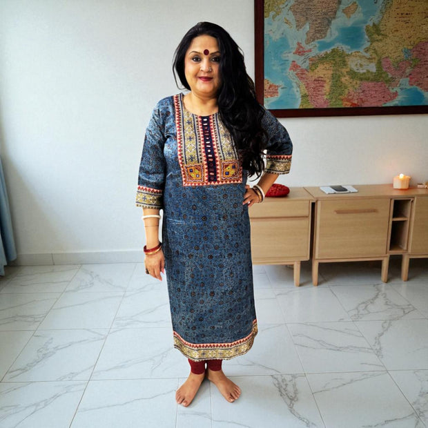 Azure Ajrakh Womens Silk Kurta