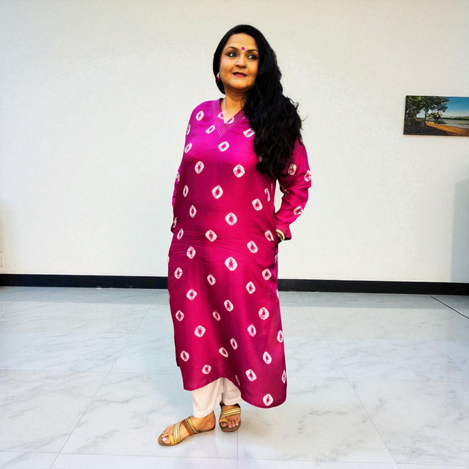 Plum Purple Bandhej Womens Silk Kurta