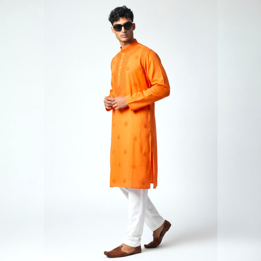 Orange Chikankari Cotton Kurta