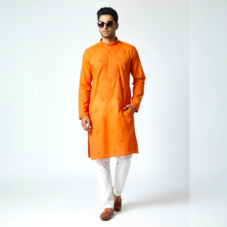 Orange Chikankari Cotton Kurta