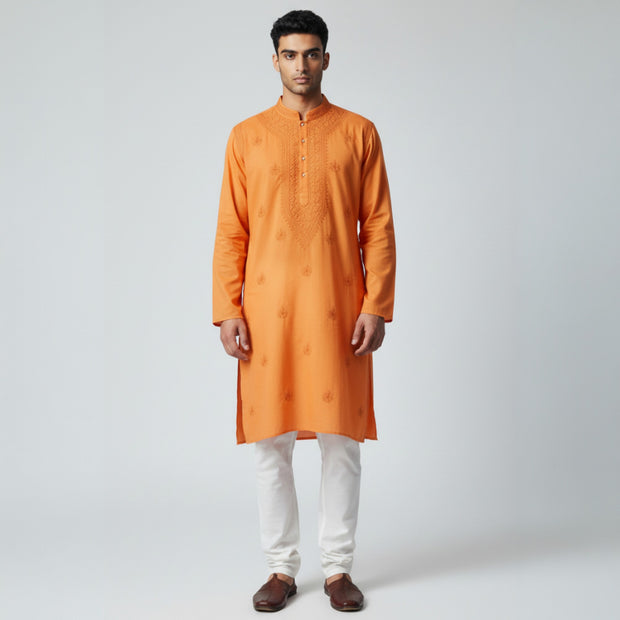 Orange Chikankari Cotton Kurta