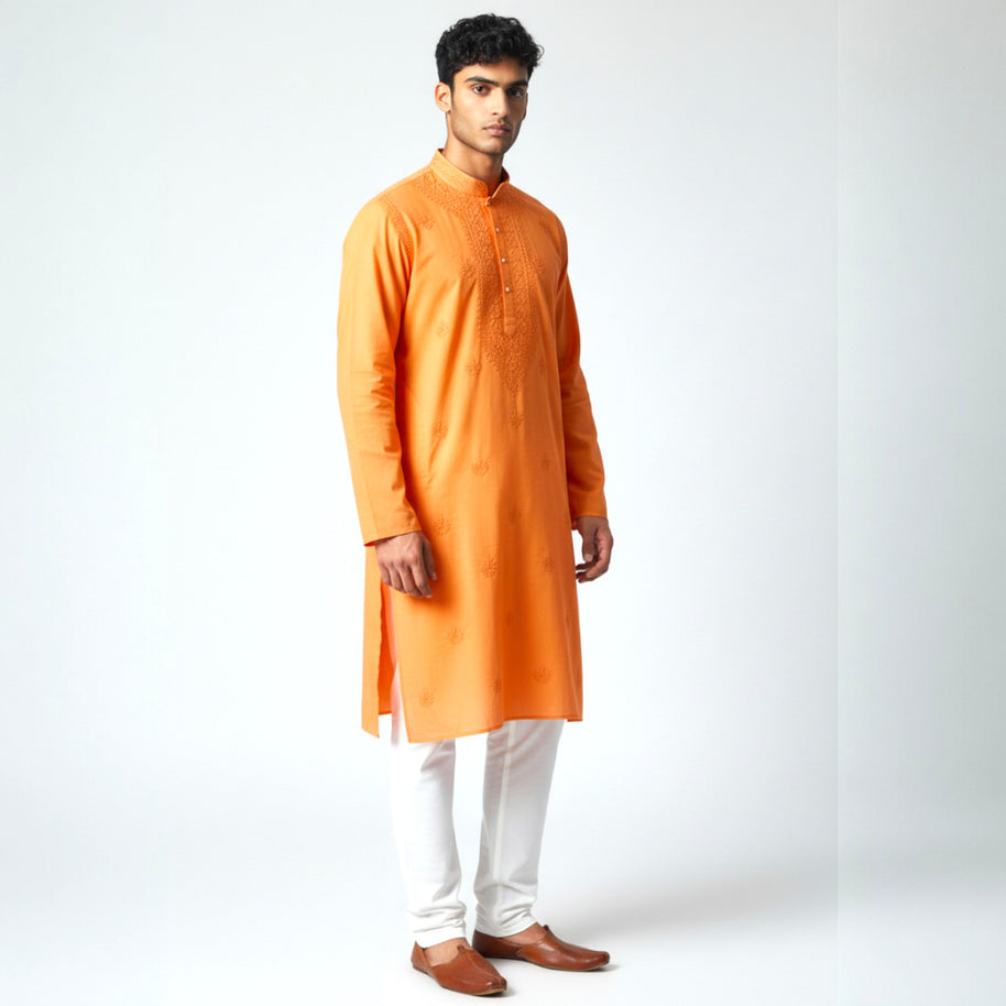 Orange Chikankari Cotton Kurta