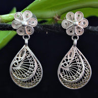 Droplet Floral Silver Filigree Stud Earrings