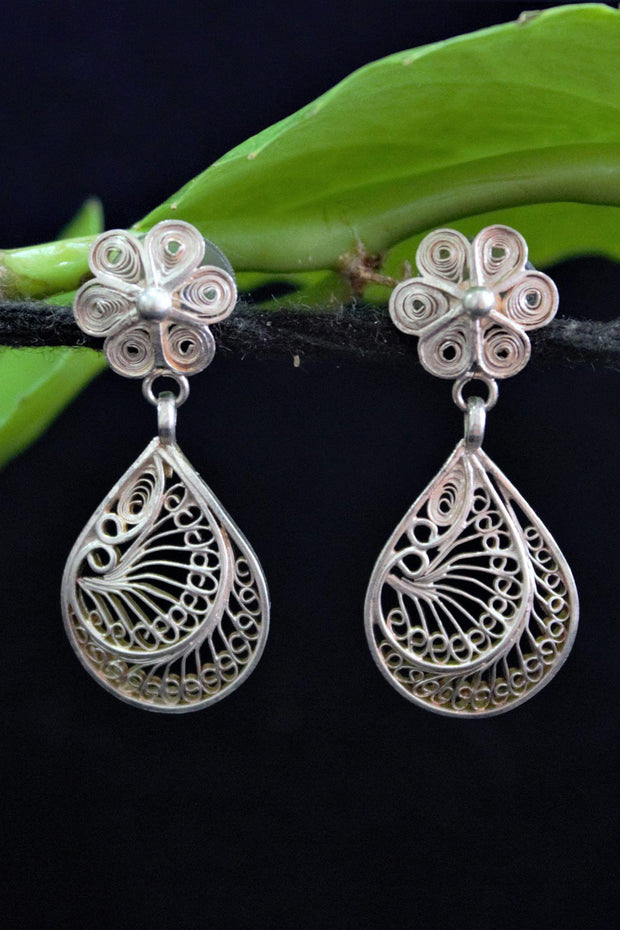 Droplet Floral Silver Filigree Stud Earrings