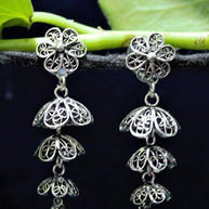 Oxidised Silver Filigree Tri Floral Jhumki