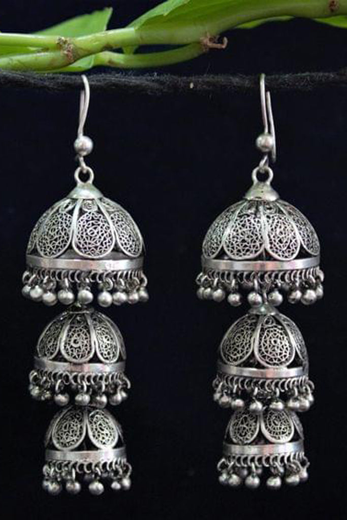 Trilayered Petal Silver Filigree Jhumki