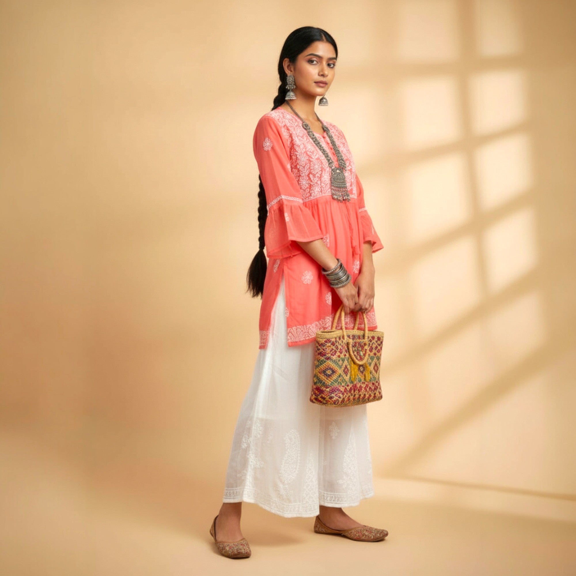 Pink Chikankari Georgette Short Kurti Set