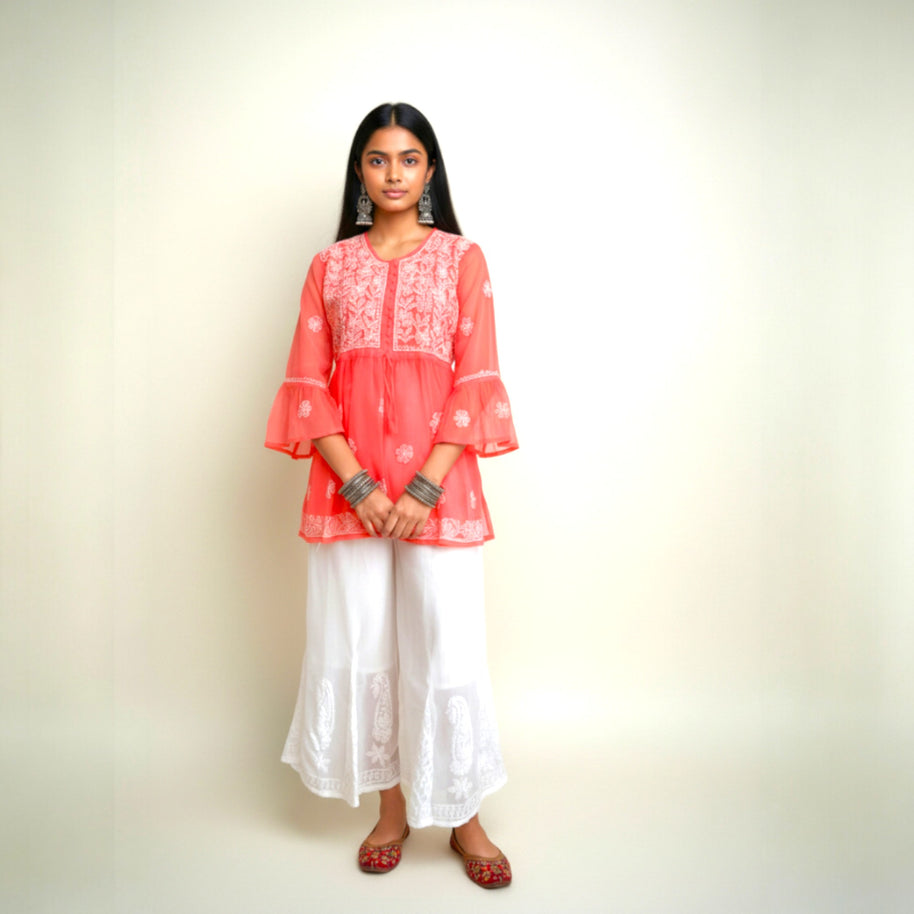 Pink Chikankari Georgette Short Kurti Set