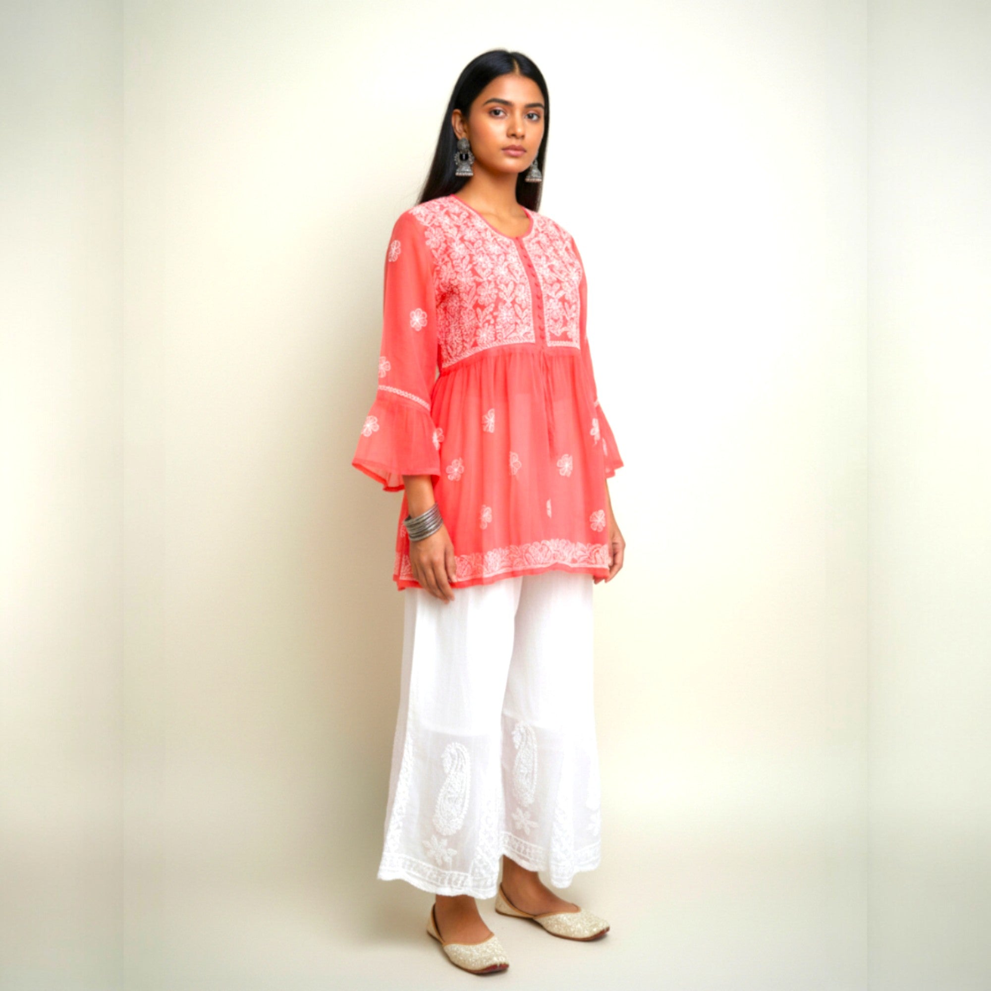 Pink Chikankari Georgette Short Kurti Set