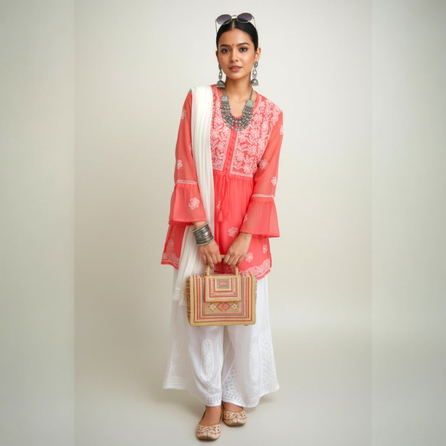 Pink Chikankari Georgette Short Kurti Set